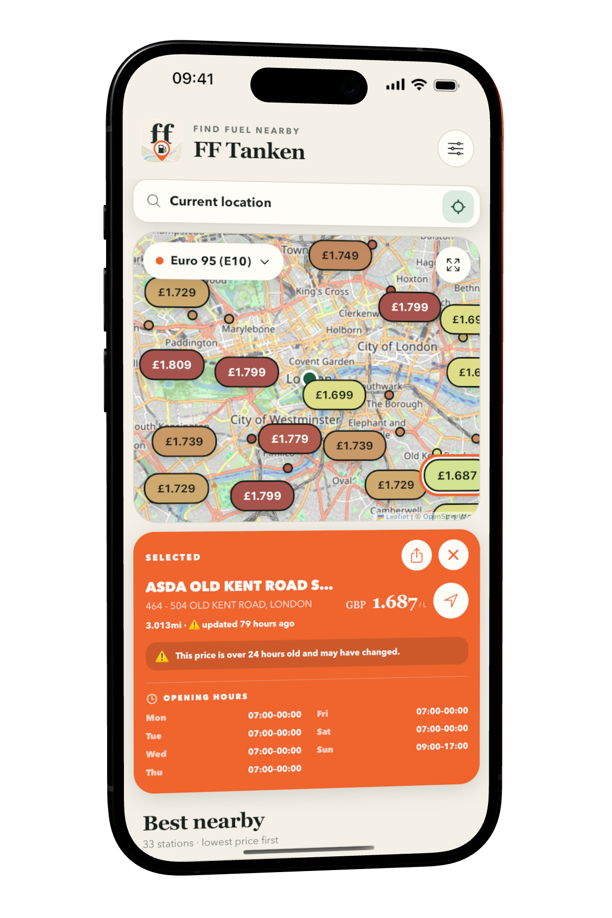 FF Tanken on iPhone and Android showing a selected fuel station near London